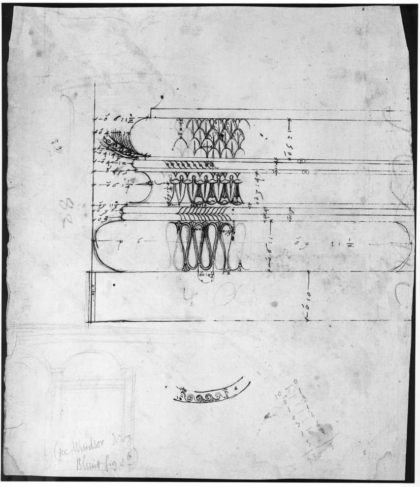 Forum of Augustus, hemicycle, Attic base, elevation and sculpted detail; Ionic capital, elevation; Palazzo Baldassini, cortile, elevation (recto) blank (verso) MET sf68 769 41r-MM43681