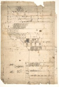 Forum of Nerva, entablature, elevation; cornice, elevation (recto) Forum of Nerva, architrave panel, ceiling plan, Corinthian, capital (verso) MET DP810850
