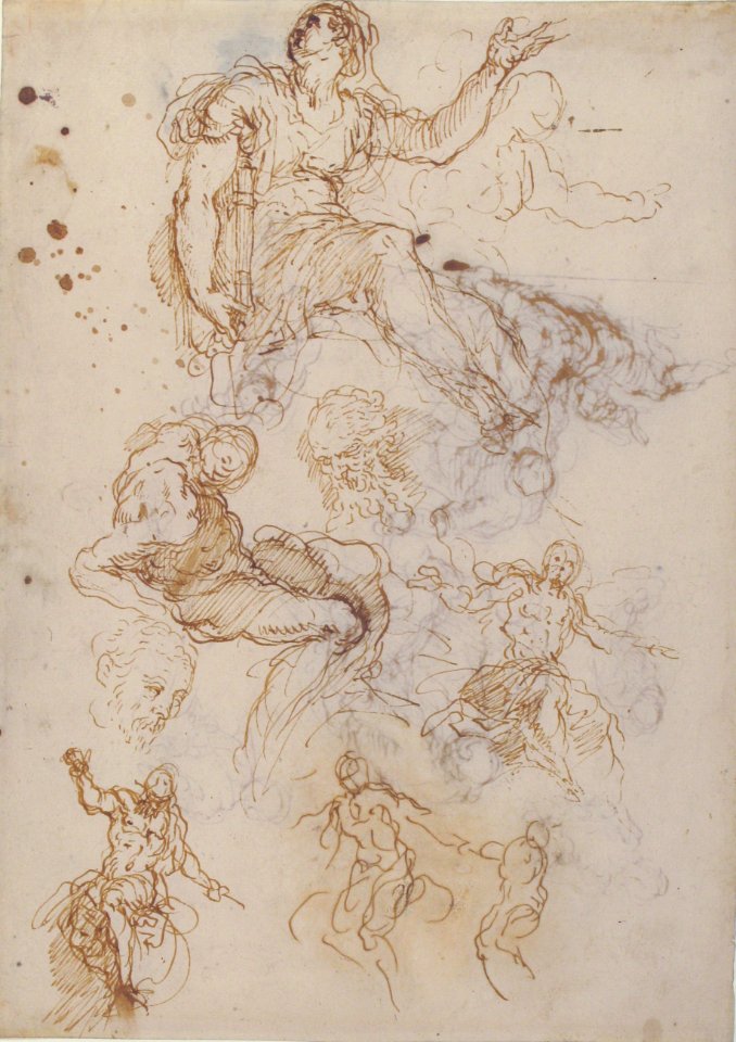 Figure Studies- Seated Female Holding a Book, Two Heads of Bearded Men, Seated Male Nude, and Four Sketches for Christ Judging (recto); Studies for Cain Slaying Abel (verso) MET 1972.118.263 RECTO