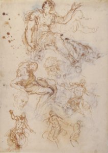 Figure Studies- Seated Female Holding a Book, Two Heads of Bearded Men, Seated Male Nude, and Four Sketches for Christ Judging (recto); Studies for Cain Slaying Abel (verso) MET 1972.118.263 RECTO