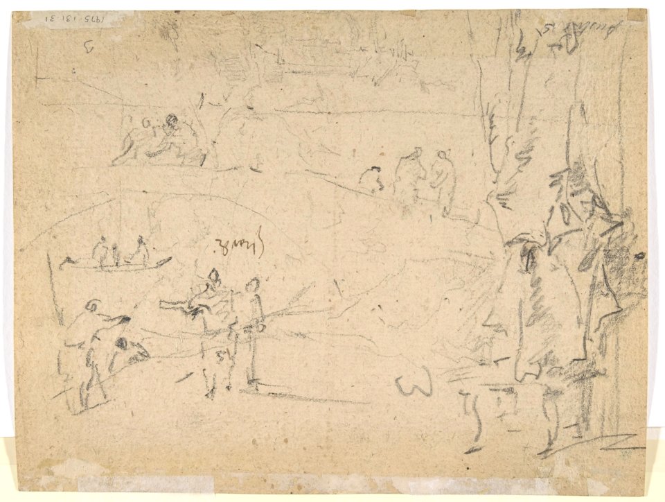 Figure Studies (recto); Figures Along a Canal and on a Bridge; to the right, a Curtain and a Stool (?) (verso) MET DP810105
