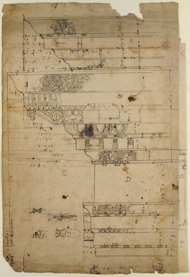 Forum of Nerva, entablature, elevation; cornice, elevation (recto) Forum of Nerva, architrave panel, ceiling plan, Corinthian, capital (verso) MET 68.769.10recto