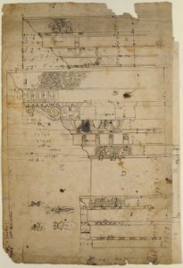 Forum of Nerva, entablature, elevation; cornice, elevation (recto) Forum of Nerva, architrave panel, ceiling plan, Corinthian, capital (verso) MET 68.769.10recto