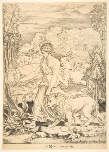 Fortitude in profile view walking toward a fire at left and leading a harnessed lion, a landscape in the background MET DP818721