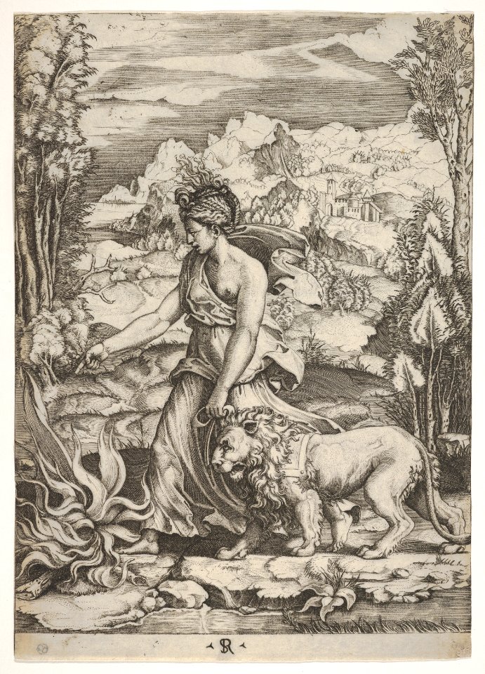 Fortitude in profile view walking toward a fire at left and leading a harnessed lion, a landscape in the background MET DP832642
