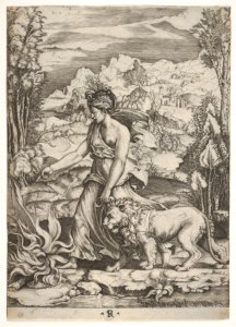 Fortitude in profile view walking toward a fire at left and leading a harnessed lion, a landscape in the background MET DP832642
