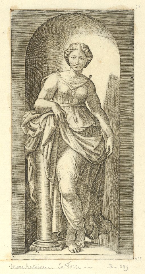 Fortitude or Strength personified by a woman standing in a nice resting her arm on a column, from 'The Virtues' MET DP854376