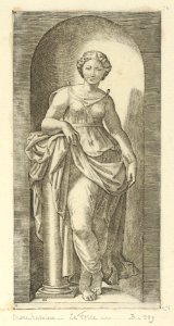 Fortitude or Strength personified by a woman standing in a nice resting her arm on a column, from 'The Virtues' MET DP854376