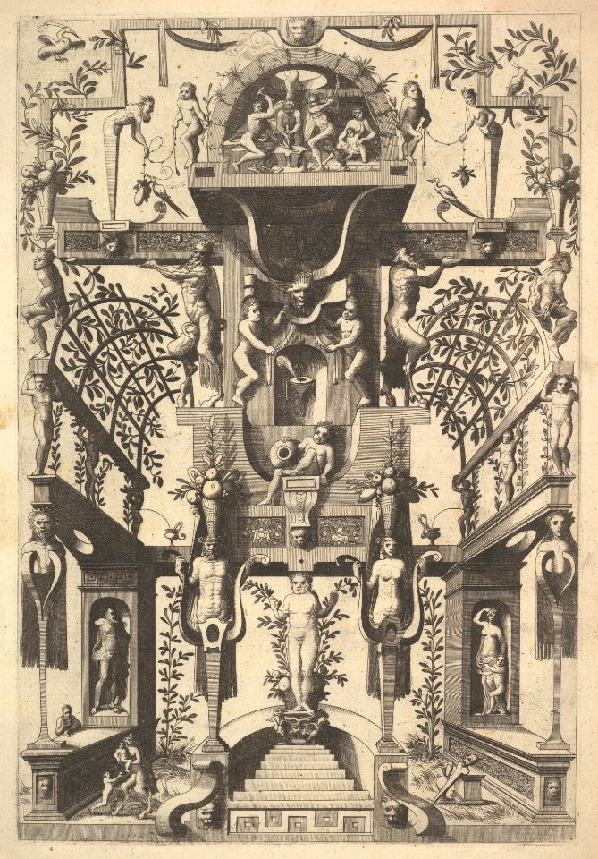 Fantastic Architecture Structure with Strapwork and Two Pergolas and a Small Scene with Vulcan's Forge at the Top MET DP828812