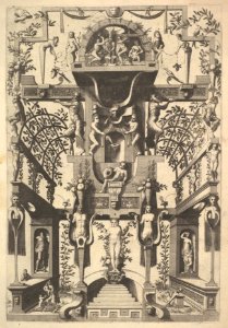 Fantastic Architecture Structure with Strapwork and Two Pergolas and a Small Scene with Vulcan's Forge at the Top MET DP828812