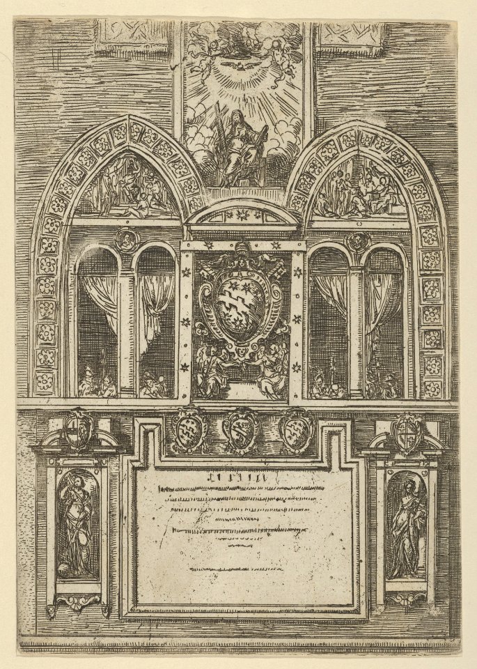Facade of the Palazzo del Senato in Bologna with the Papal arms at center, with temporary decorations for the entry of Pope Clement VIII in Bologna in 1598 MET DP837825