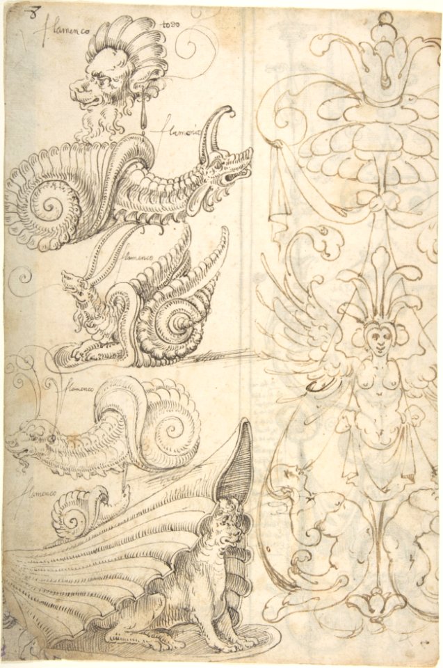 Flemish Grotesque Creatures and a Candelabra Grotesque (recto); Candelabra Grotesques with Mask (verso) MET DP800640