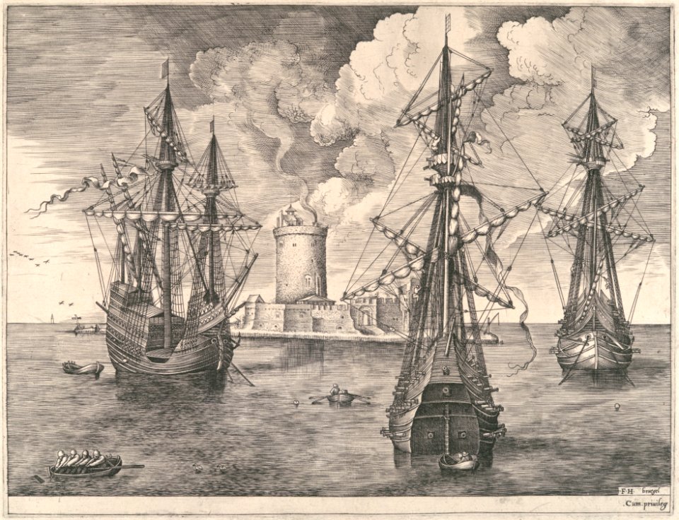 Four-master and Two Three-masters Anchored near a Fortified Island from The Sailing Vessels MET DP102238
