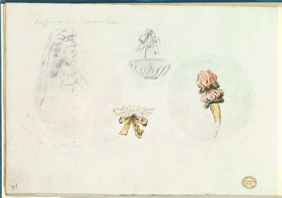 Four Costume Design Sketches of a Woman, a Basket, a Collar, and a Sleeve MET DP825821
