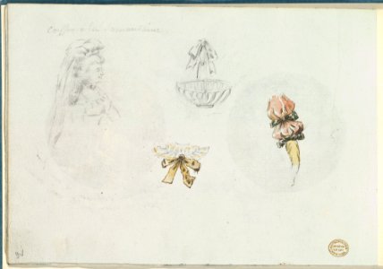 Four Costume Design Sketches of a Woman, a Basket, a Collar, and a Sleeve MET DP825821