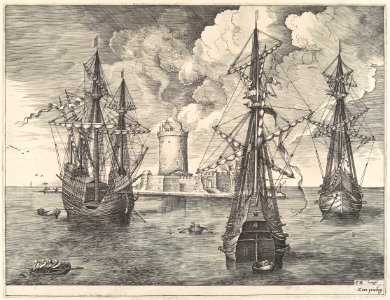Four-master and Two Three-masters Anchored near a Fortified Island from The Sailing Vessels MET DP102238~1