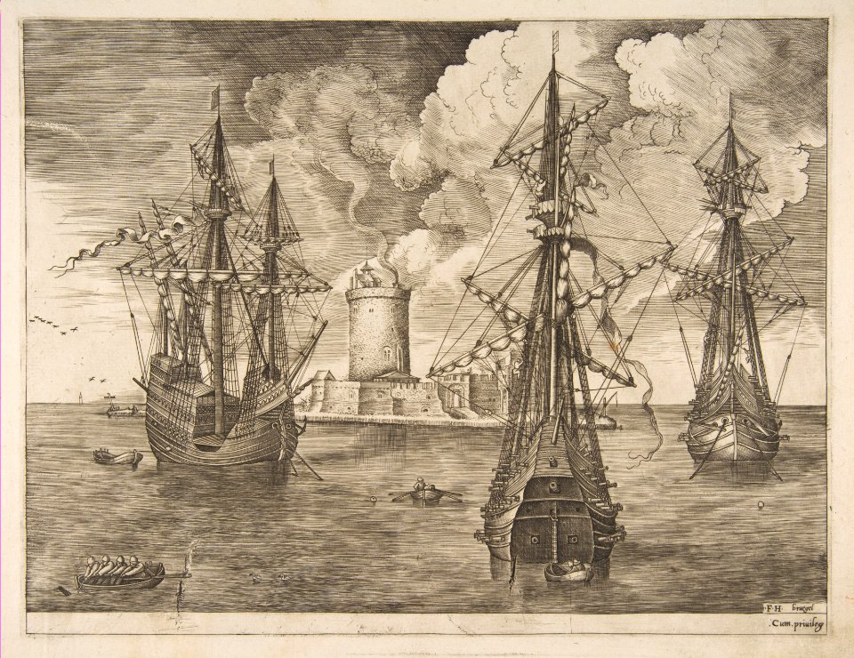 Four-Master (Left) and Two Three-Masters Anchored near a Fortified Island with a Lighthouse from The Sailing Vessels MET DP818253
