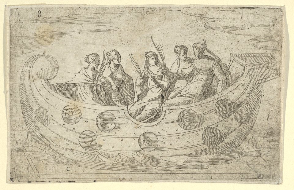 Five women in a boat, holding palm leaves MET DP855569