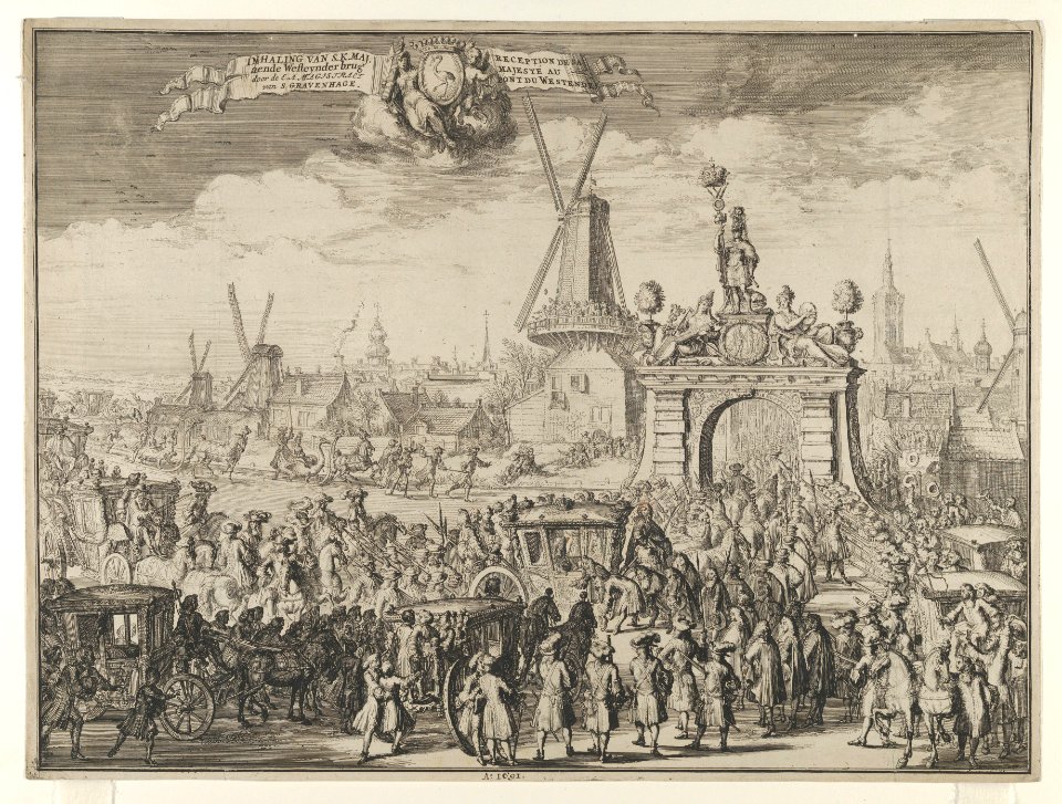 Entrance of William III into The Hague (Inhaling van S.K. Maj. aende Westeynder brug door de E.A. Magistraet van s'Gravenhage - Reception de sa Majesté au pont du Westende) from Bidloo, Inkomste van Koning Willem III MET DP841296