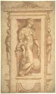 Female Allegorical Figure of Benignitas (Goodness), with Attributes of Abundance Standing in a Niche (recto); Architectural Sketches (verso) MET DP802147