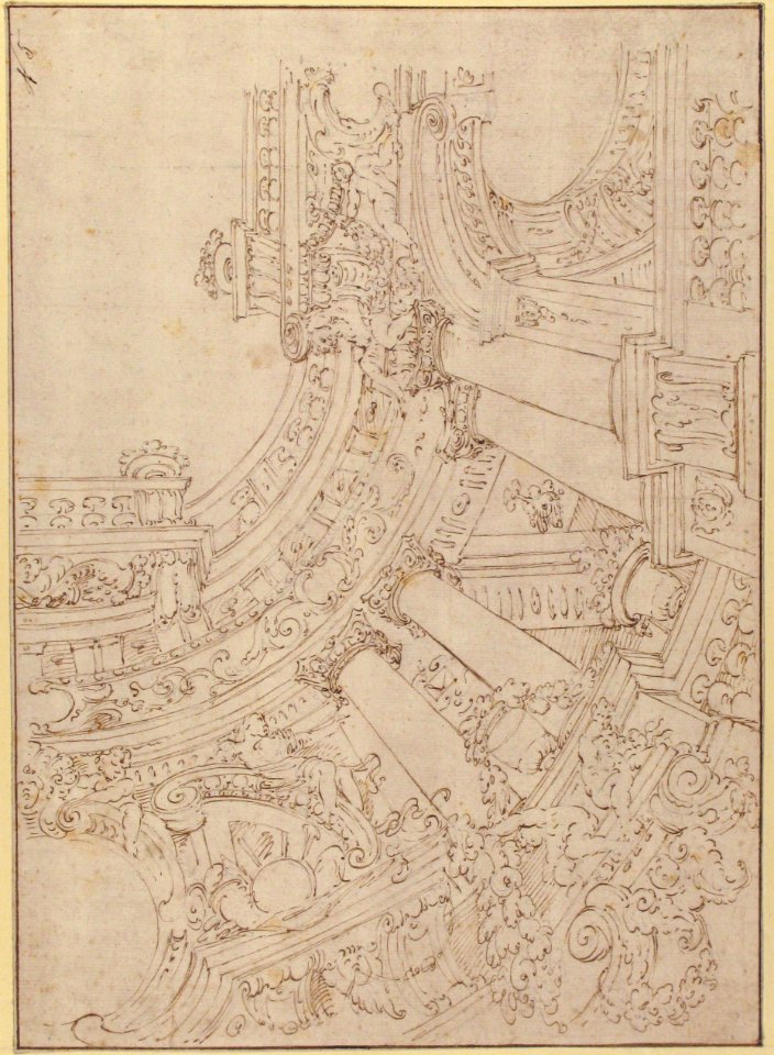 Foreshortened View of a Ceiling Corner Decorated with Columns, Urns and Putti Handing Garlands MET 1971.513.45