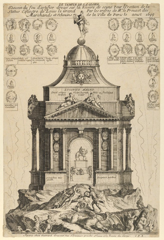 Fireworks celebrating the erection of the Temple of Glory and equestrian statue of Louis le Grand, Paris 1699 MET DP855553