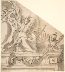 Fragment of a Design for an Overdoor with Seated Angel Supporting Cartouche, and Seated Putto Holding Garland (recto); Fragments of a Cartouche? (verso) MET DP802701