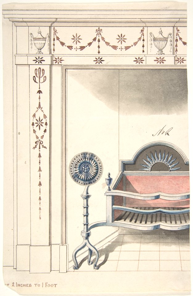 Fireplace and Grate Design with Sunflower Andirons MET DP806980