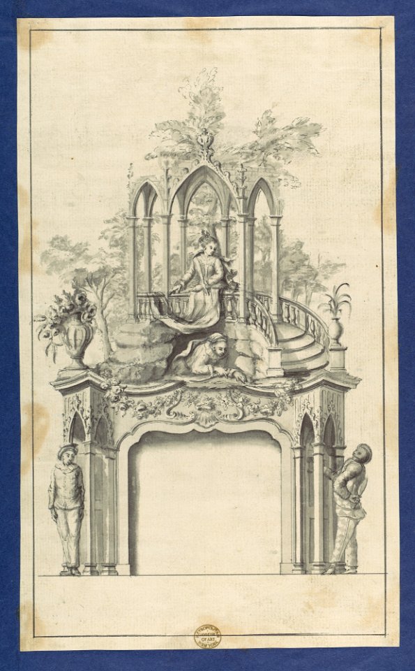 Fireplace Flanked by Commedia dell'arte Figures with Overmantle Showing a Gothic Gazebo, in Chippendale Drawings, Vol. I MET DP104197