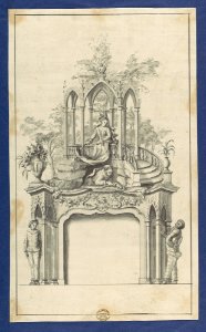 Fireplace Flanked by Commedia dell'arte Figures with Overmantle Showing a Gothic Gazebo, in Chippendale Drawings, Vol. I MET DP104197