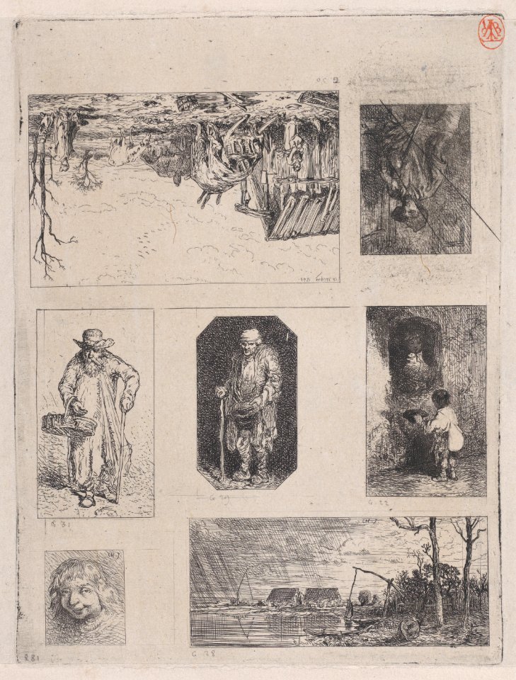 Farmyard Landscape (a), Seated Peasant (b), Beggar (c), Beggar (d), Little Beggar (e), Head of a Breton (f), and Fishing Landscape (g) Met DP887211