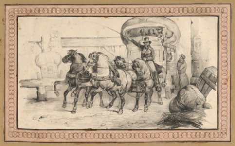 Five horses pulling a carriage with passengers MET DP841214