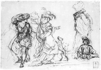 Five Figures in Fantastic Costumes with Two Dogs MET 200069