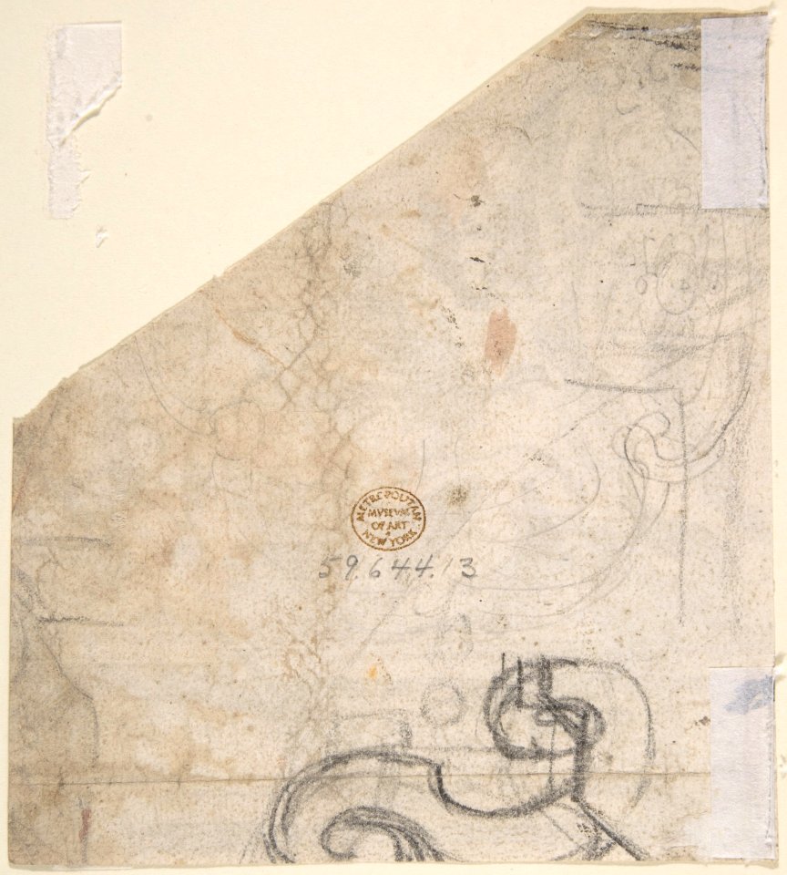 Fragment of a Design for an Overdoor with Seated Angel Supporting Cartouche, and Seated Putto Holding Garland (recto); Fragments of a Cartouche? (verso) MET DP802703