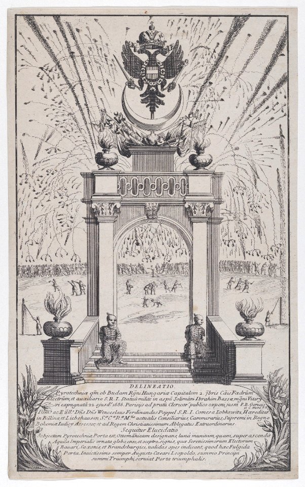 Fireworks and triumphal arch erected in Buda to celebrate the expulsion of the Turks, September 1686 MET DP855342
