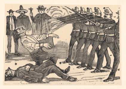 Firing squad executing someone while a priest holds a cross in the background MET DP869585