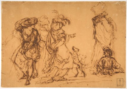 Five Figures in Fantastic Costumes with Two Dogs MET DP811524