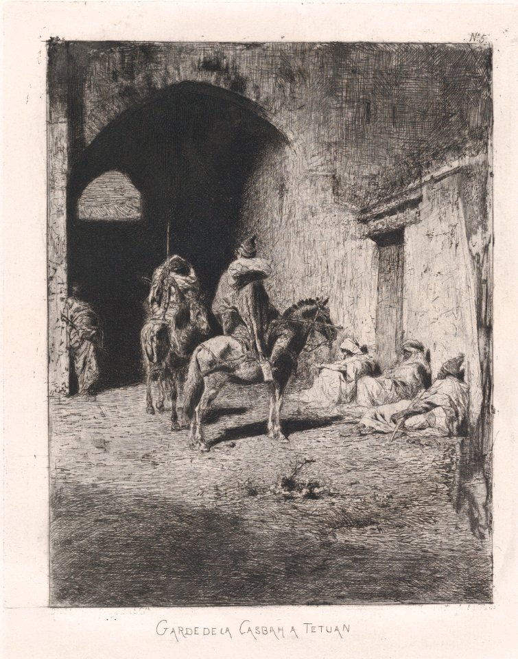 Entrance to the Kasbah in Tetuan, figures sitting on the ground, others on horseback MET DP876118