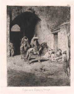Entrance to the Kasbah in Tetuan, figures sitting on the ground, others on horseback MET DP876118
