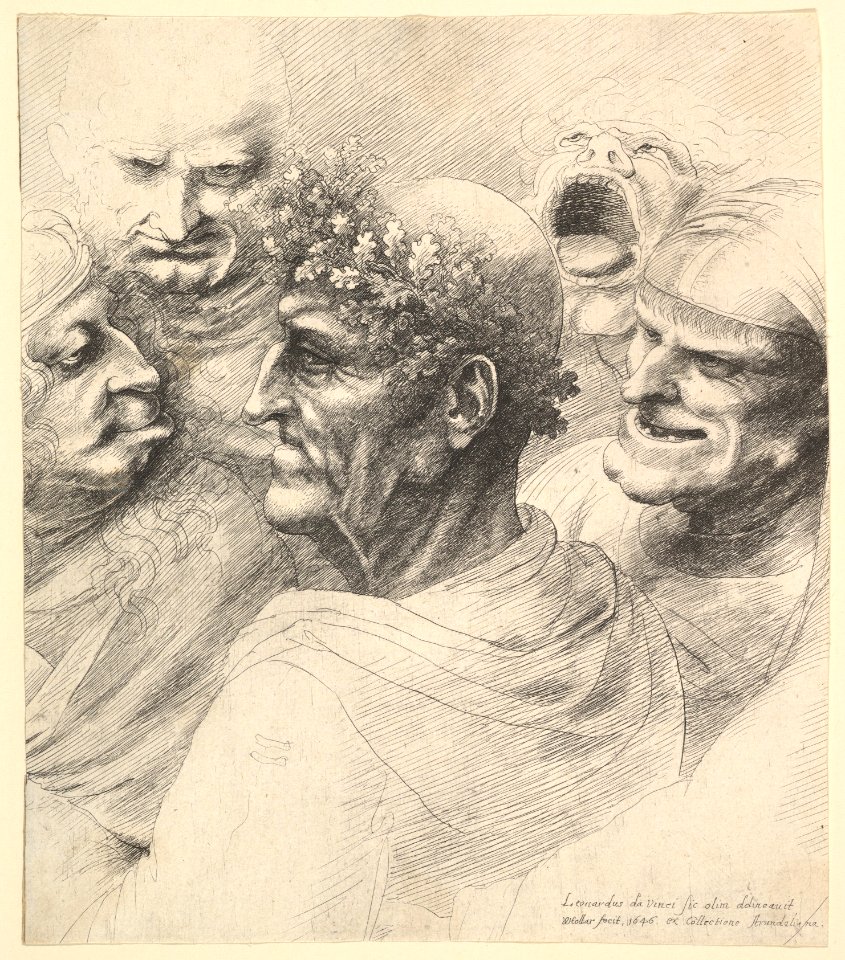 Five grotesque heads, including an elderly man with an oak leaf wreath MET DP823886
