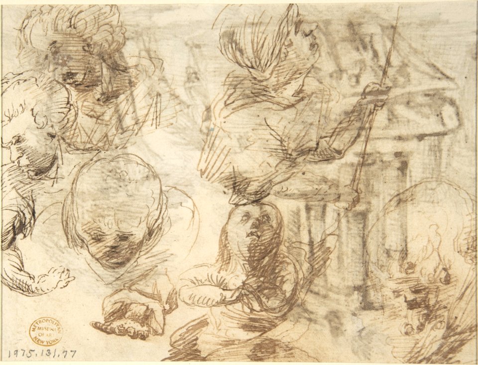 Figures in a Landscape with Classical Ruins (recto); Six Figure Studies (verso) MET DP802843