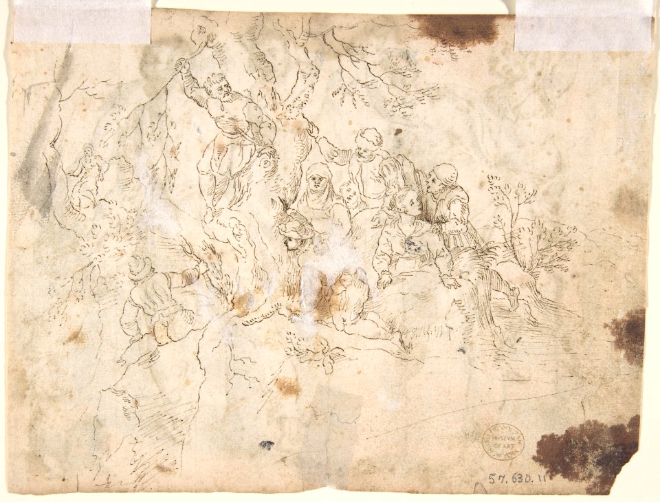 Five Men Around an Anvil, verso- Figures in a Wood (The Preaching of Saint John the Baptist?) MET DP801705