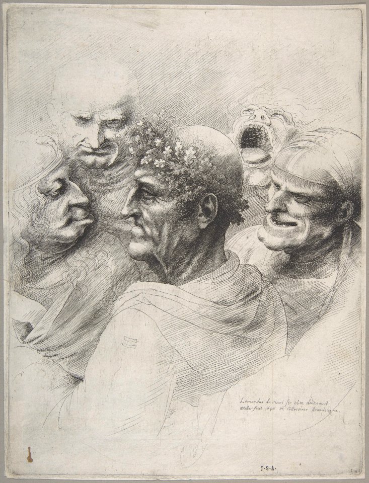 Five grotesque heads, including an elderly man with an oak leaf wreath MET DP808137