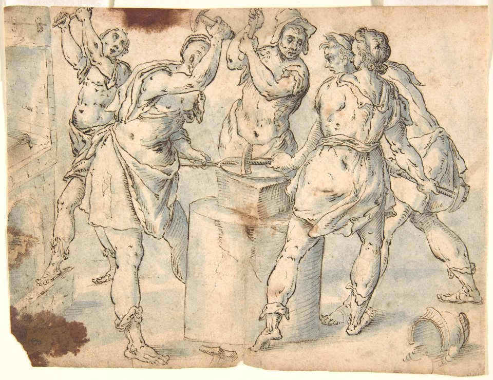 Five Men Around an Anvil, verso- Figures in a Wood (The Preaching of Saint John the Baptist?) MET DP801704