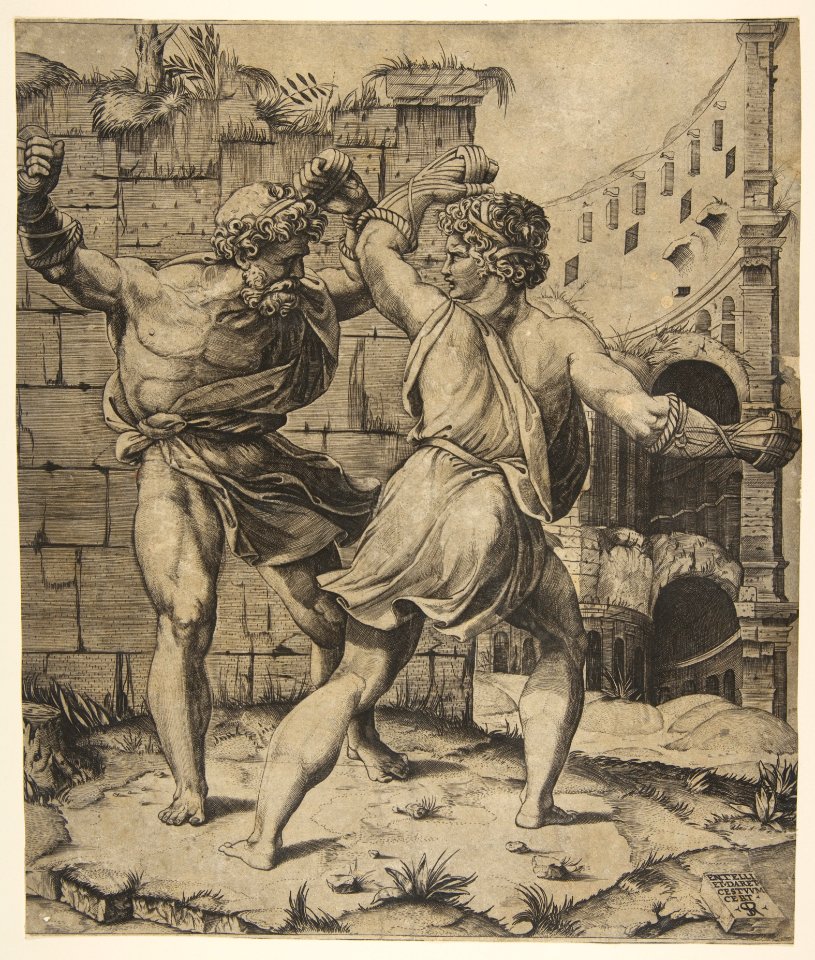 Entellus and Dares fighting in front of classical ruins MET DP818643