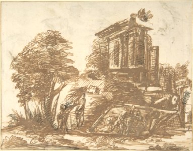 Figures in a Landscape with Classical Ruins (recto); Six Figure Studies (verso) MET DP802842