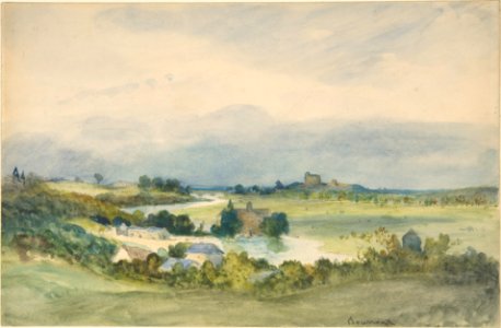 Extensive landscape prospect with a fortified building on hill in the background (recto); Study of a landscape and a female figure (verso) MET DP805606