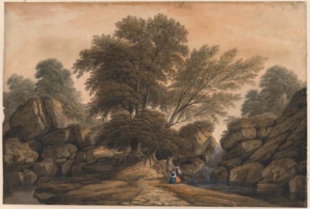 Figures Beside a Waterfall and Pool in a Wooded Landscape MET DP860370