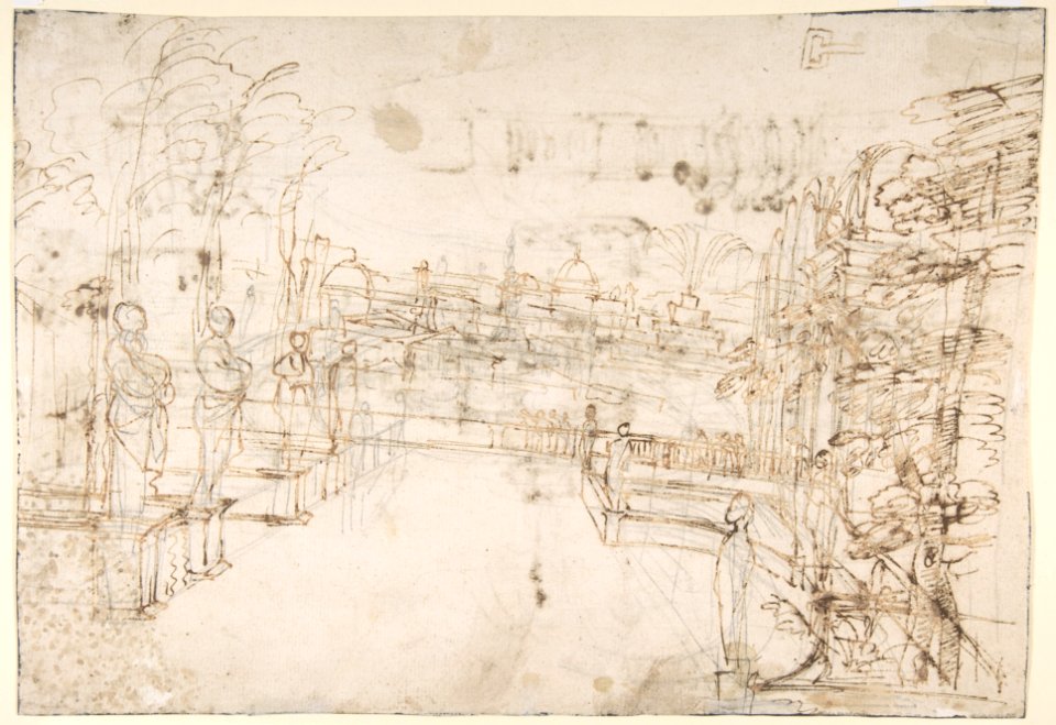 Figures Watching a Display of Fireworks at Castel Sant'Angelo, Rome (recto); A Distant View of the Fireworks Seen from a Villa Garden (verso) MET DP810082