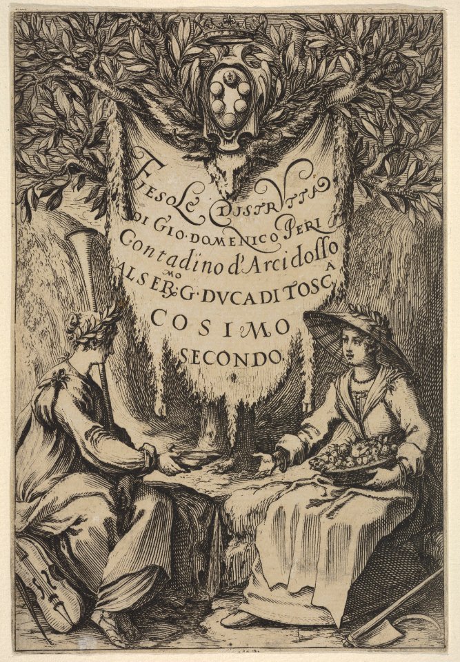 Frontispiece from 'Fiesole Destroyed' ('Fiesole Distrutta'), two seated women, one wearing a laurel wreath and the other wearing a hat crowned with laurel, with the Medici arms and the crown of the grand duchy above MET DP833461